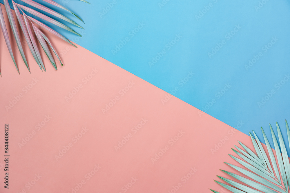 Fototapeta Table top view aerial image of summer season holiday background concept.Flat lay coconut or palm colorful leaf on modern rustic pink & blue paper pastel backdrop.space for creative design mock up.