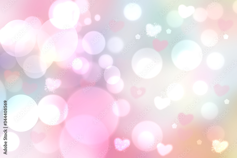 Abstract festive blur bright pink pastel background texture with pink and white hearts love bokeh for Mothers day, valentine or wedding card. Space for design. Card concept.
