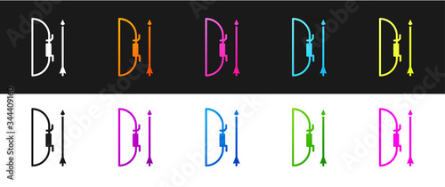 Set Bow and arrow in quiver icon isolated on black and white background. Vector Illustration