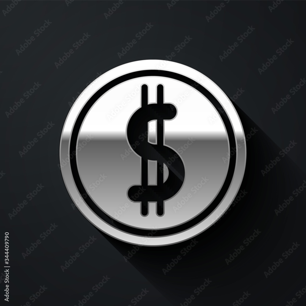Obraz premium Silver Coin money with dollar symbol icon isolated on black background. Banking currency sign. Cash symbol. Long shadow style. Vector Illustration