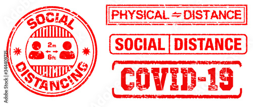 set of red grunge rubber stamp or corona virus rubber stamp themes or postponed, lock down, social distance, physical distance concept. eps 10 vector, easy to modify