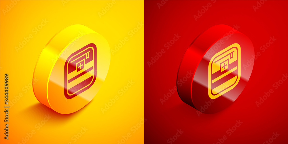 Isometric First aid kit icon isolated on orange and red background. Medical box with cross. Medical equipment for emergency. Healthcare concept. Circle button. Vector Illustration Isometric First aid kit icon isolated on orange and red background. Medical box with cross. Medical equipment for emergency. Healthcare concept. Circle button. Vector Illustration