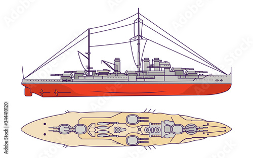 Battleship of the First World War and World War II. Combat naval artillery ship. Military ship with guns side view and top view. Line art flat vector illustration.