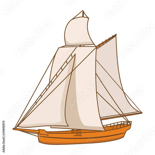 Old wooden sailing ship.Sailboat flat line art vector.