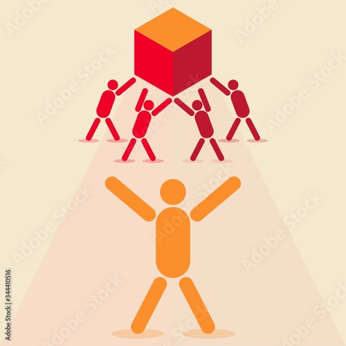 Four people lifting a heavy box while another one coordinates them