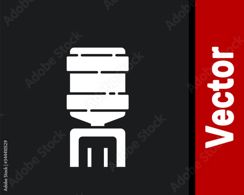 White Water cooler for office and home icon isolated on black background. Water dispenser. Bottle office, plastic and liquid. Vector Illustration