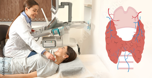 Woman undergoing ultrasound scan of thyroid gland in clinic photo