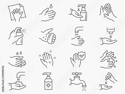 Hand washing line icons set. Black vector illustration. Editable stroke.