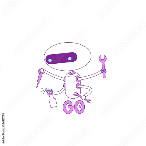 Cute modern helper robot with magnifying glass violet linear object. Futuristic bot cleaning and repairing thin line symbol. Cyborg isolated outline illustration on white background