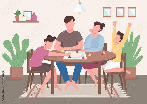 Family play board game flat color vector illustration. Kids and parents spend time together. Mom and dad play tabletop game. Relatives 2D cartoon characters with interior on background photo