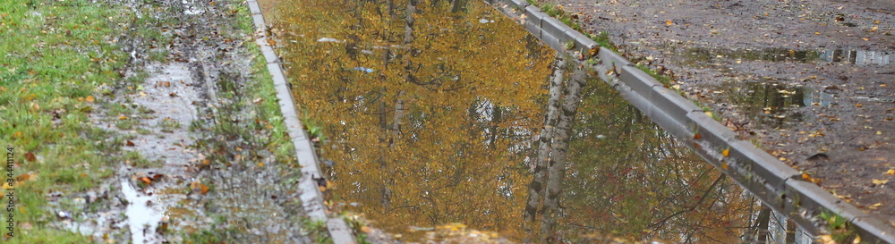 A autumn Park path filled with water A autumn Park path filled with water