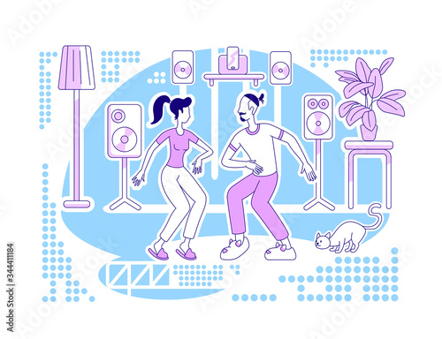 Dancing at home flat silhouette vector illustration. Family activity while staying indoors. Recreation inside house. Couple outline characters on blue background. Weekend simple style drawing