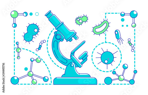 Microbiology thin line concept vector illustration. Scientific microscope, bacteria and molecules 2D cartoon composition for web design. Scientific research, laboratory experiment creative idea