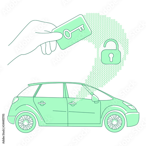 Keycard and keyless lock, car access thin line concept vector illustration. Person holding electronic card key 2D cartoon character for web design. Vehicle alarm system creative idea