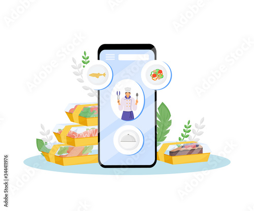 Restaurant food online order and delivery flat concept vector illustration. Cafe chef, chief-cooker 2D cartoon character for web design. Delicious meals ordering mobile application creative idea