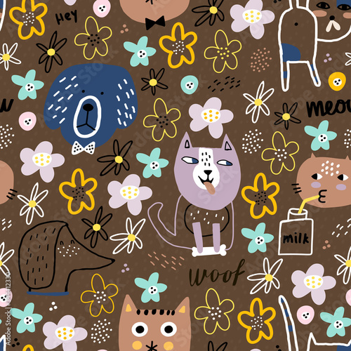 Childish seamless pattern with different funny dogs, cats and cute flowers. Creative childish texture for fabric, wrapping, textile, wallpaper, apparel. Vector illustration.
