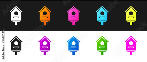 Set Bird house icon isolated on black and white background. Nesting box birdhouse, homemade building for birds. Vector Illustration