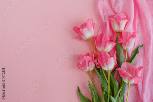 Fototapeta Naklejka Na Ścianę i Meble -  bouquet of pink tulips, on a pink background, place for text.