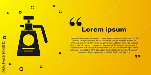 Black Garden sprayer for water, fertilizer, chemicals icon isolated on yellow background. Vector Illustration