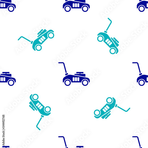 Blue Lawn mower icon isolated seamless pattern on white background. Lawn mower cutting grass. Vector Illustration