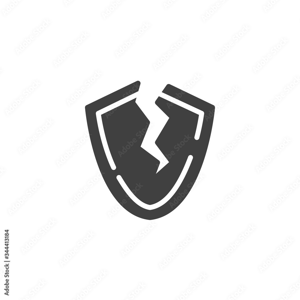 Broken shield vector icon. filled flat sign for mobile concept and web design. Broken security shield glyph icon. Symbol, logo illustration. Vector graphics Broken shield vector icon. filled flat sign for mobile concept and web design. Broken security shield glyph icon. Symbol, logo illustration. Vector graphics