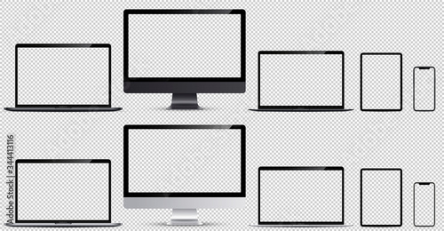 Realistic vector illustration. Device screens mockup. Monitor, laptop pro and thin, tablet and smartphone silver and space gray colors with blank screens for your design isolated on transparent backgr