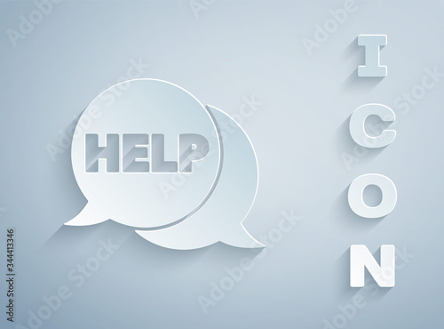 Paper cut Speech bubble with text Help icon isolated on grey background. Paper art style. Vector Illustration