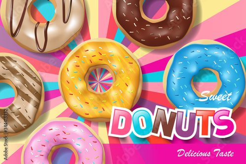 Set of Colorful glazed donuts for ads. Sweet glossy bakery donuts with pink and chocolate glaze poster. Realistic vector illustration.
