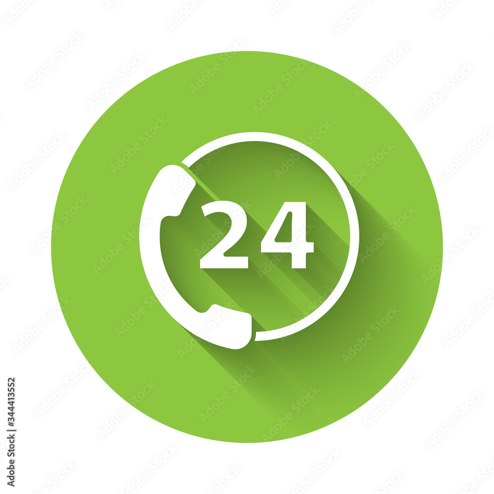 White Telephone 24 hours support icon isolated with long shadow. All-day customer support call-center. Full time call services. Green circle button. Vector Illustration White Telephone 24 hours support icon isolated with long shadow. All-day customer support call-center. Full time call services. Green circle button. Vector Illustration