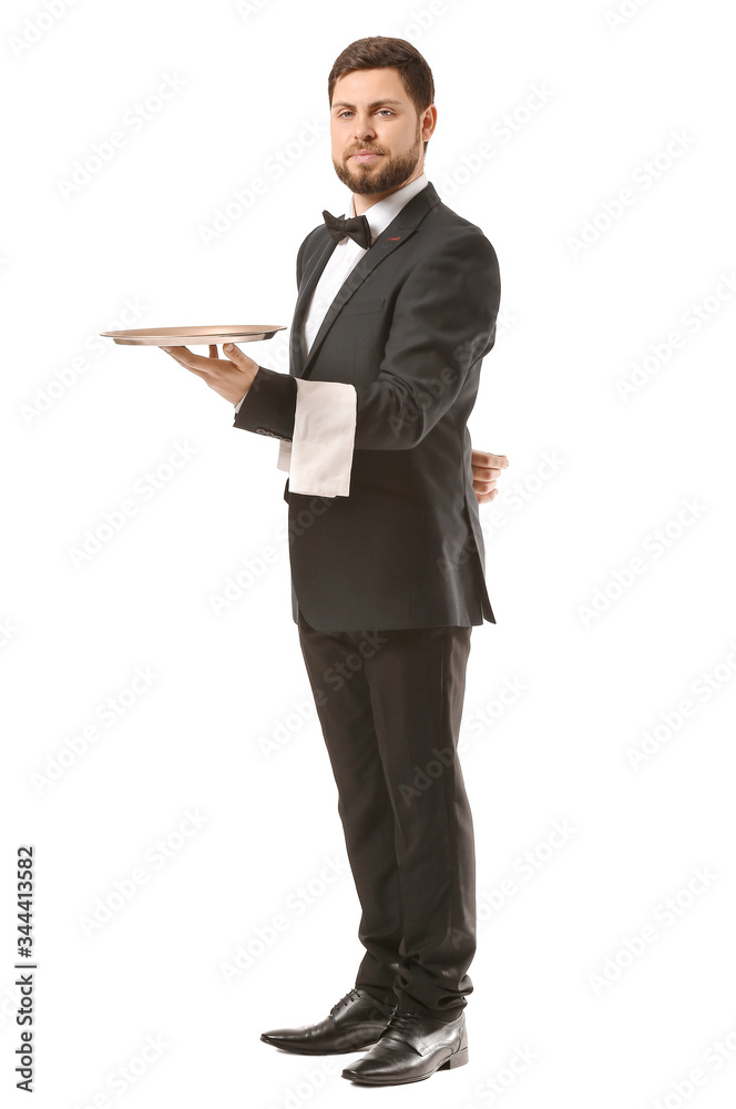 Handsome male waiter on white background Handsome male waiter on white background