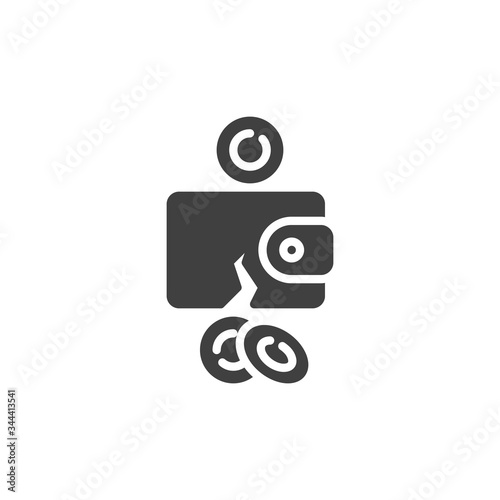 Money wallet with hole vector icon. Broken purse filled flat sign for mobile concept and web design. Money losses glyph icon. Financial crisis symbol, logo illustration. Vector graphics