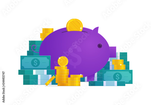 Pension fund savings concept with piggy bank. Bank services and financial tools. Saving cash in money box cartoon vector illustration. Wealth and investment, retirement planning and social insurance.