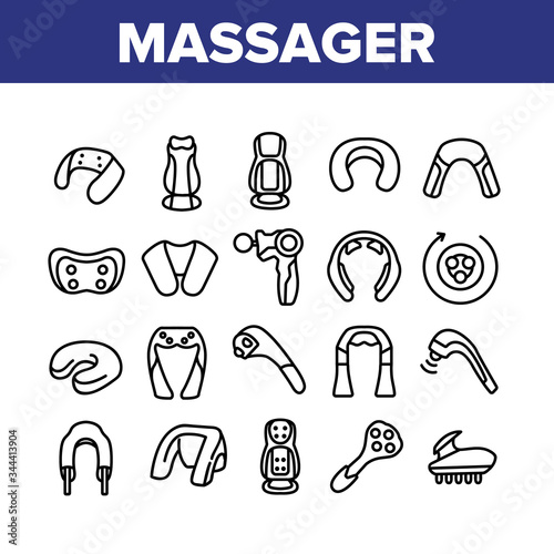 Shoulder Massager Collection Icons Set Vector. Body And Foot Massager Equipment For Relaxation, Electric Wearable Pulse Neck Device Concept Linear Pictograms. Monochrome Contour Illustrations