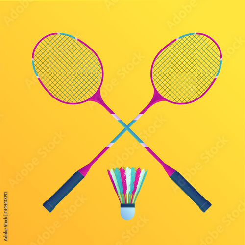 Badminton rackets with shuttlecock set. Sports equipment for badminton isolated vector illustration. Colorful rackets on yellow background. Sports game competition and tournament sign.