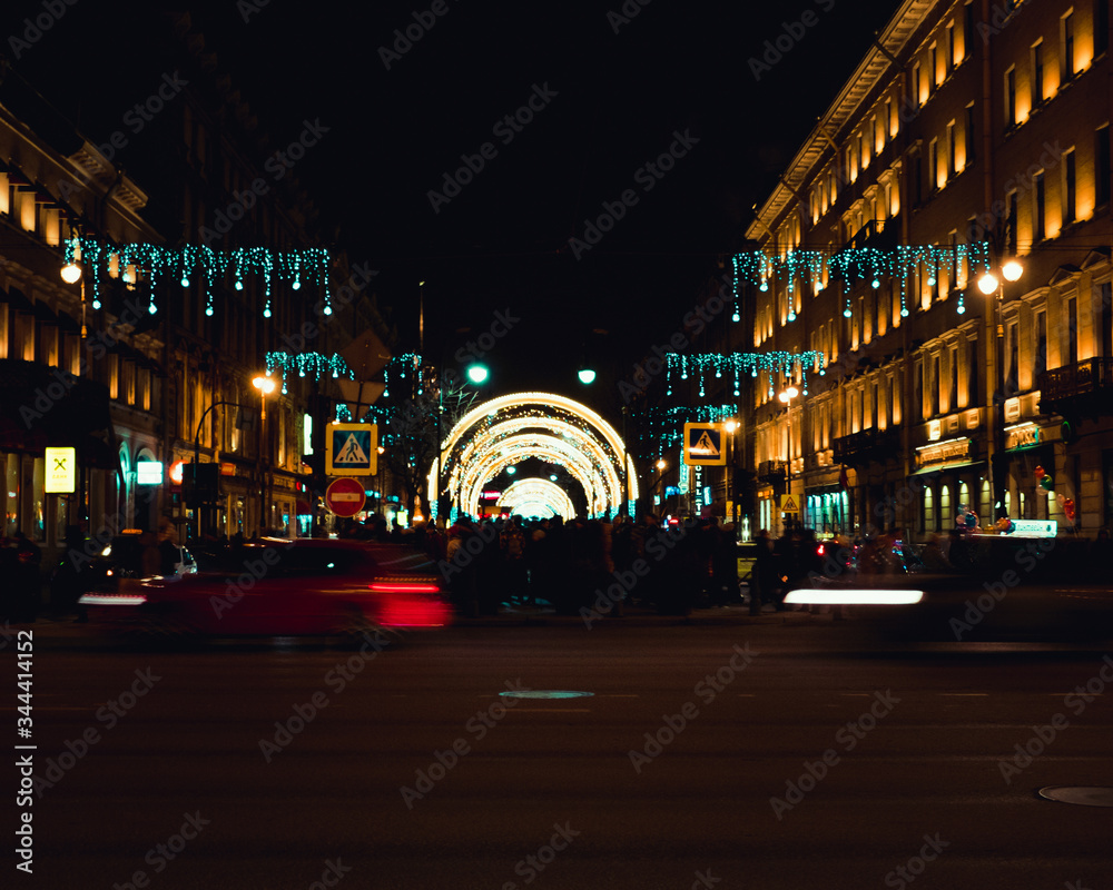 Petersburg is decorated for the new year. New Year. Light show. Russia.