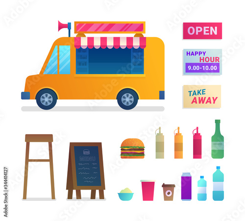 Food truck trade isolated icons set. Street food catering service with take away fast food. Signboard and menu board, food truck, burger, coffee and soda drinks, ketchup, mustard vector illustration.