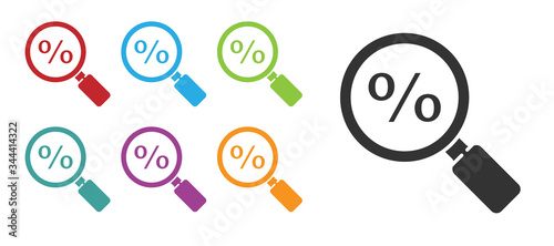 Black Magnifying glass with percent icon isolated on white background. Discount offers searching. Search for discount sale sign. Set icons colorful. Vector Illustration