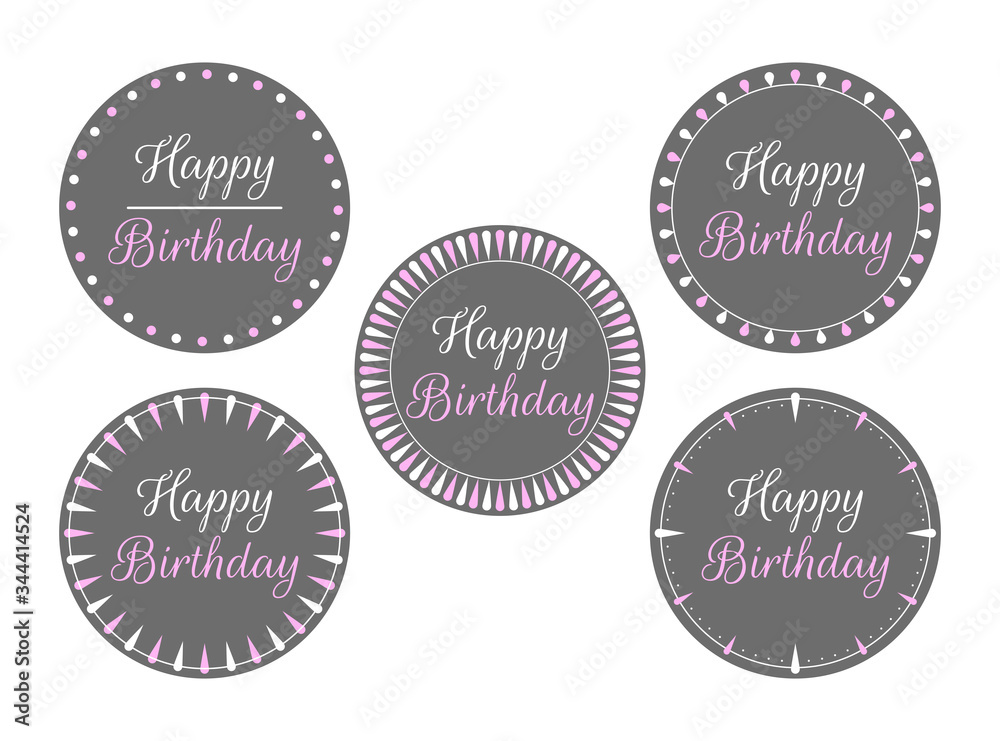 Set of five grey / gray round icons with a pink and white handwritten lettering inscription 