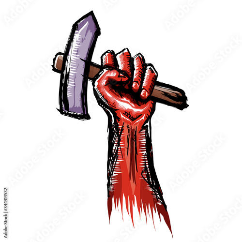 Vector red protest fist holding hammer isolated on white background. 1 may Labor day concept illustration with hand drawn doodle fist with claw hammer