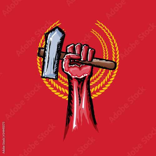 Vector red protest fist holding hammer isolated on red background. 1 may Labor day concept illustration with hand drawn doodle fist with claw hammer