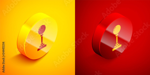 Isometric Joystick for arcade machine icon isolated on orange and red background. Joystick gamepad. Circle button. Vector Illustration