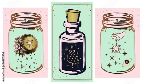 magic jars with esoteric patterns, space magic in a bulb Mystical drawing: human hands hold the moon. Sacred geometry. ector illustration Print, potser, t-shirt, card.