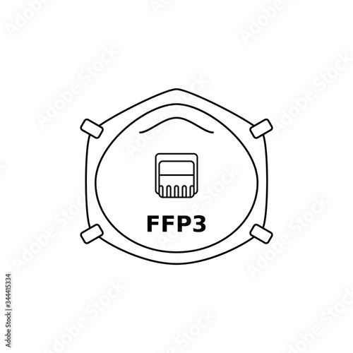 FFP3 respirator face mask line icon. Corona virus or asbestos protection. Black outline on white background. Respiratory protective device,filtration of airborne particles.Vector illustration,clip art