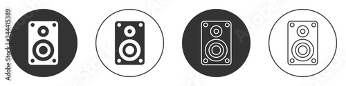 Black Stereo speaker icon isolated on white background. Sound system speakers. Music icon. Musical column speaker bass equipment. Circle button. Vector Illustration