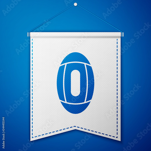 Blue American Football ball icon isolated on blue background. Rugby ball icon. Team sport game symbol. White pennant template. Vector Illustration