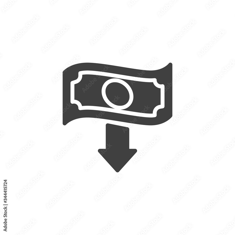 Money decrease vector icon. filled flat sign for mobile concept and web design. Money bill and arrow down glyph icon. Symbol, logo illustration. Vector graphics Money decrease vector icon. filled flat sign for mobile concept and web design. Money bill and arrow down glyph icon. Symbol, logo illustration. Vector graphics