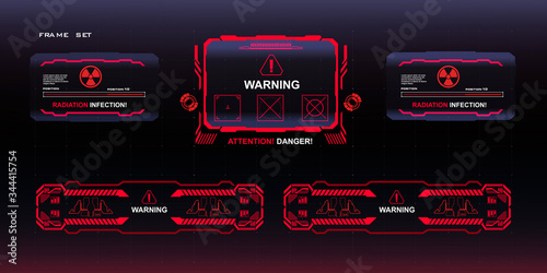 Attention Danger The threat of radiation infection Set of red frames and pop-up screens on black background. Futuristic screens with elements of HUD, GUI, UI