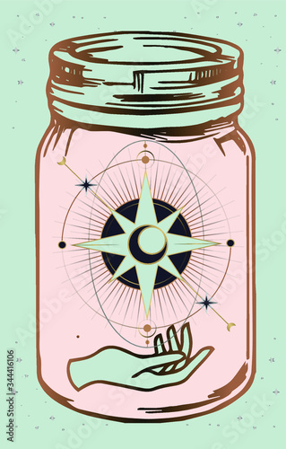 magic jars with esoteric patterns, space magic in a bulb Mystical drawing: human hands hold the moon. Sacred geometry. ector illustration Print, potser, t-shirt, card.