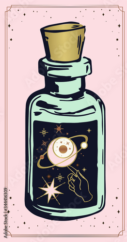 magic jars with esoteric patterns, space magic in a bulb Mystical drawing: human hands hold the moon. Sacred geometry. ector illustration Print, potser, t-shirt, card.