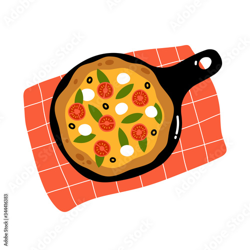 Pizza margherita with mozzarella cheese, tomato, olives and basil. Top view.